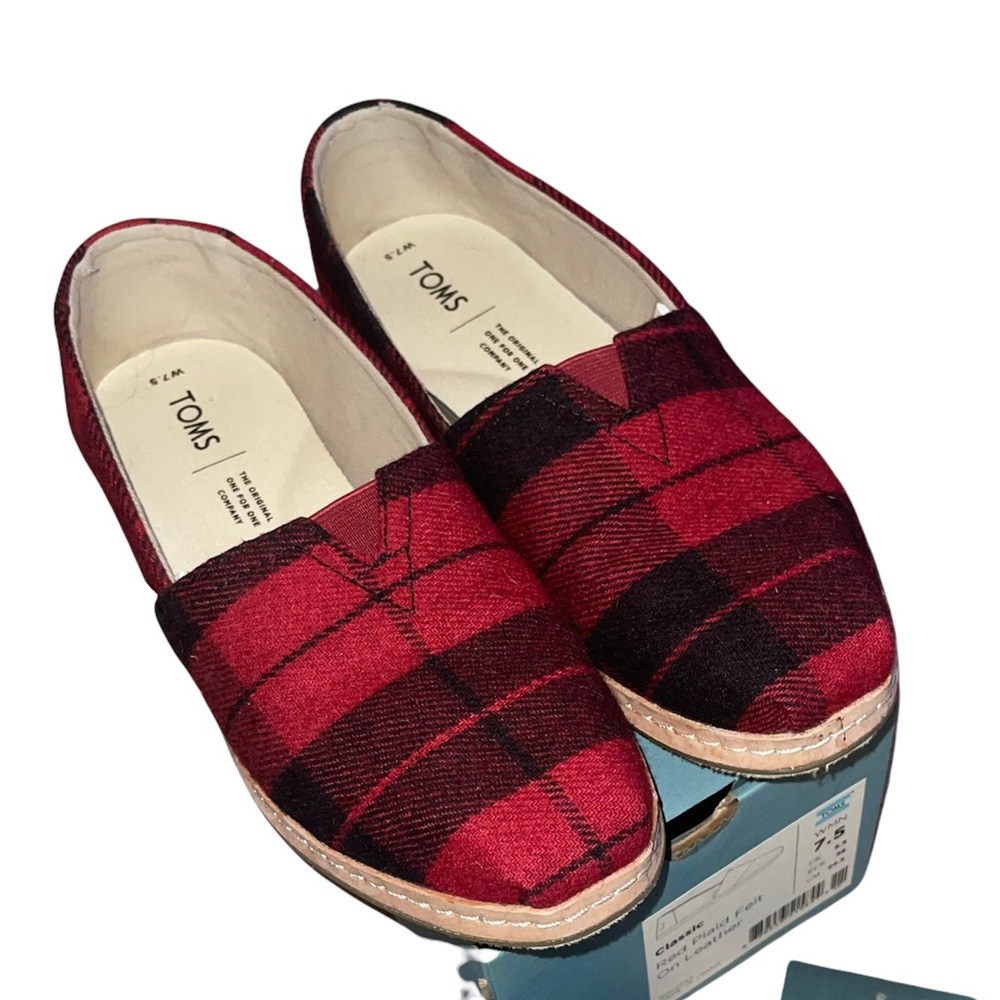 TOMS red plaid felt on leather shoes